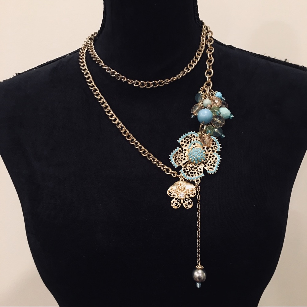 BLUE/GOLD FLORAL multi charm necklace